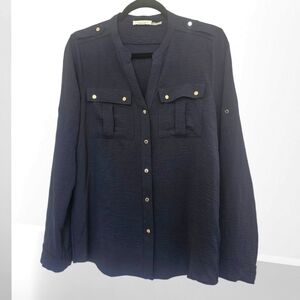 Calvin Klein Women's navy with silver buttons long sleeve button-up